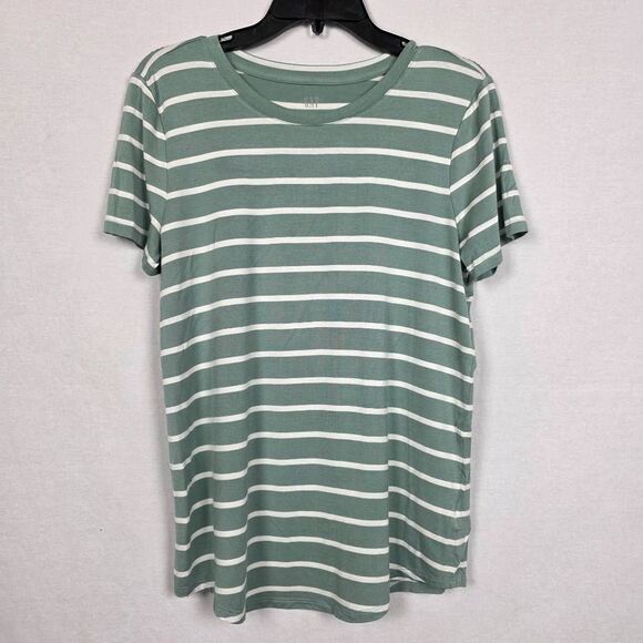GAP Luxe L Green White Striped Short Sleeve Tee - Picture 1 of 6